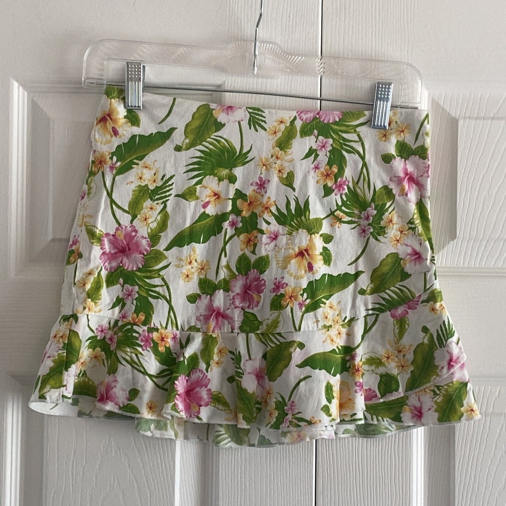 Star City Vintage Y2K Tropical Floral Ruffle Mini Skirt Womens Size 1 White Pink